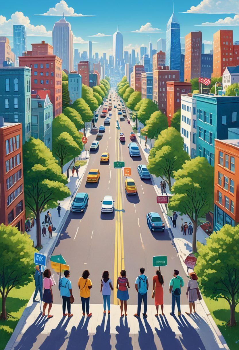 A diverse group of people standing at a crossroads, each holding signs representing life, health, and property coverage options. The background features an animated cityscape with vivid greenery to symbolize growth and safety. Each sign is uniquely styled to reflect various insurance types, with a clear blue sky overhead. The scene conveys optimism and choice, inviting viewers to explore their options. vibrant colors. digital illustration.