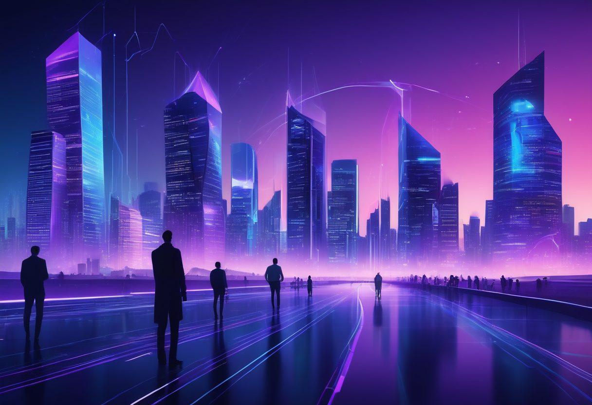 A futuristic city skyline with a web of digital connections represented by glowing lines and icons for various insurance types. Include diverse individuals using their devices, engaged in learning about online insurance solutions. The sky should be a blend of blue and purple hues, suggesting innovation and technology. Emphasize user-friendly interfaces on screens and infographics. cyberpunk. vibrant colors. super-realistic.