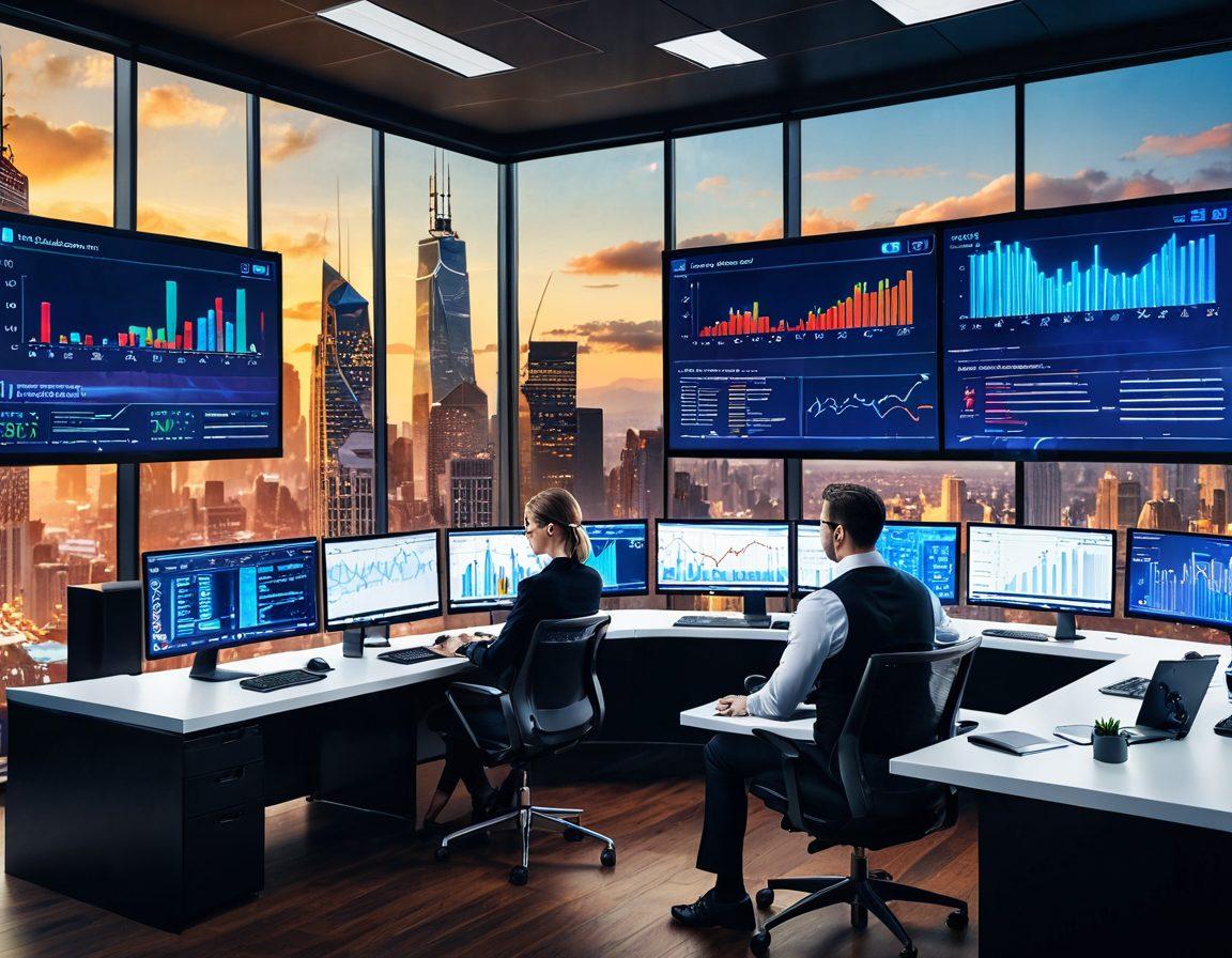 A modern digital insurance brokerage office, showcasing an open workspace with agents collaborating at computers, displaying graphs and charts on screens. In the foreground, a confident client discussing claims management with an agent, surrounded by digital icons representing security and protection. The background features a futuristic city skyline through large windows, symbolizing growth and trust. super-realistic. vibrant colors. 3D.